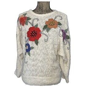 Vintage 80s Sweater Size Medium Mariea Kim Embroidered Beaded Cottage Fairytale